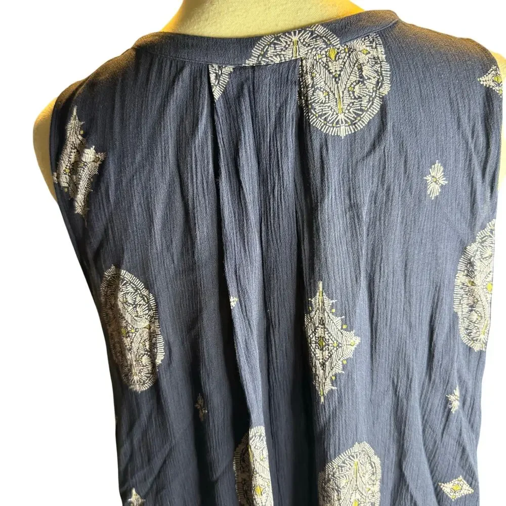 Free People Navy Blue Boho Sleeveless Swing Dress, Rayon Medallion Print, Large - Picture 5 of 10